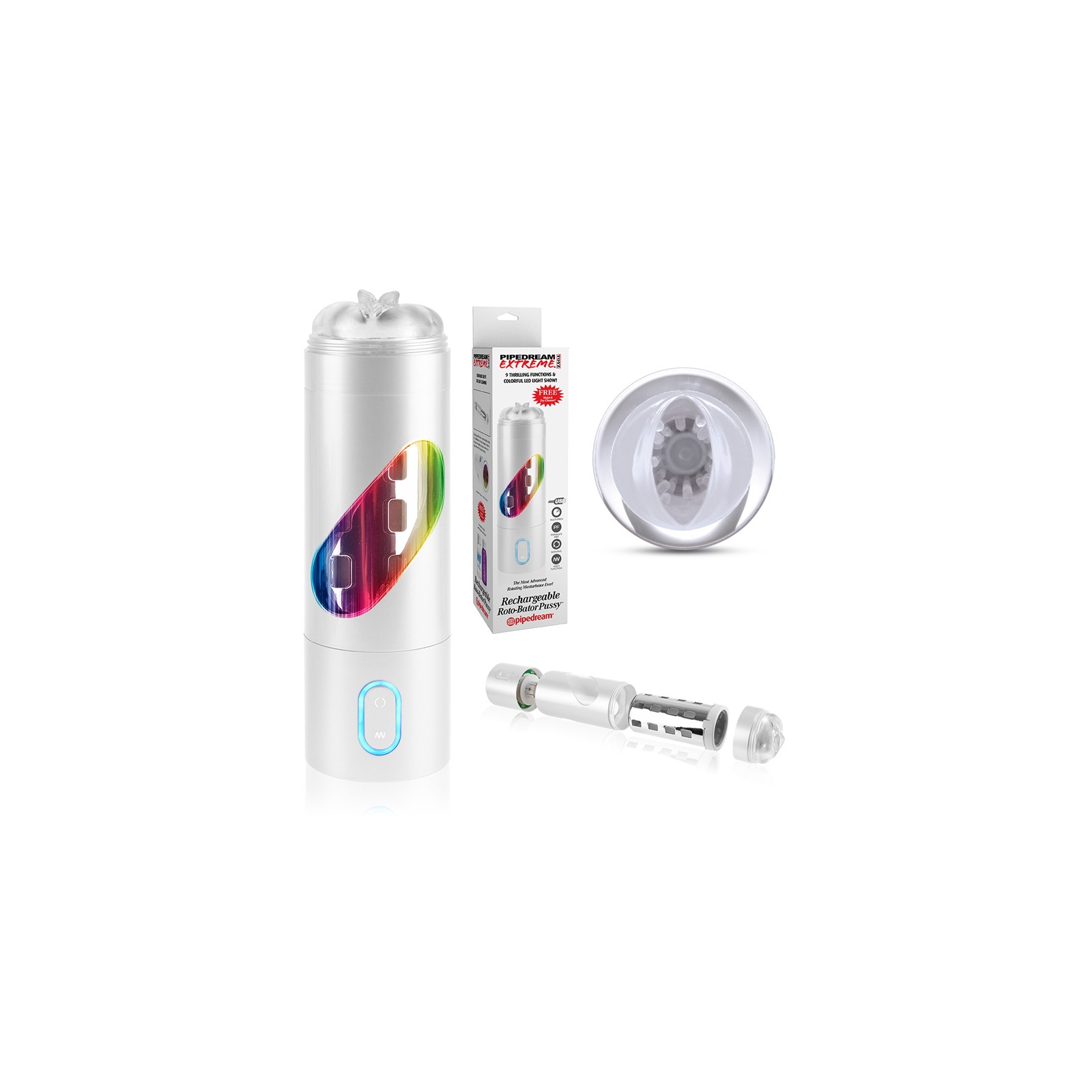 PDX Rechargeable Roto-Bator Pussy Light-Up Rotating Stroker Clear/White