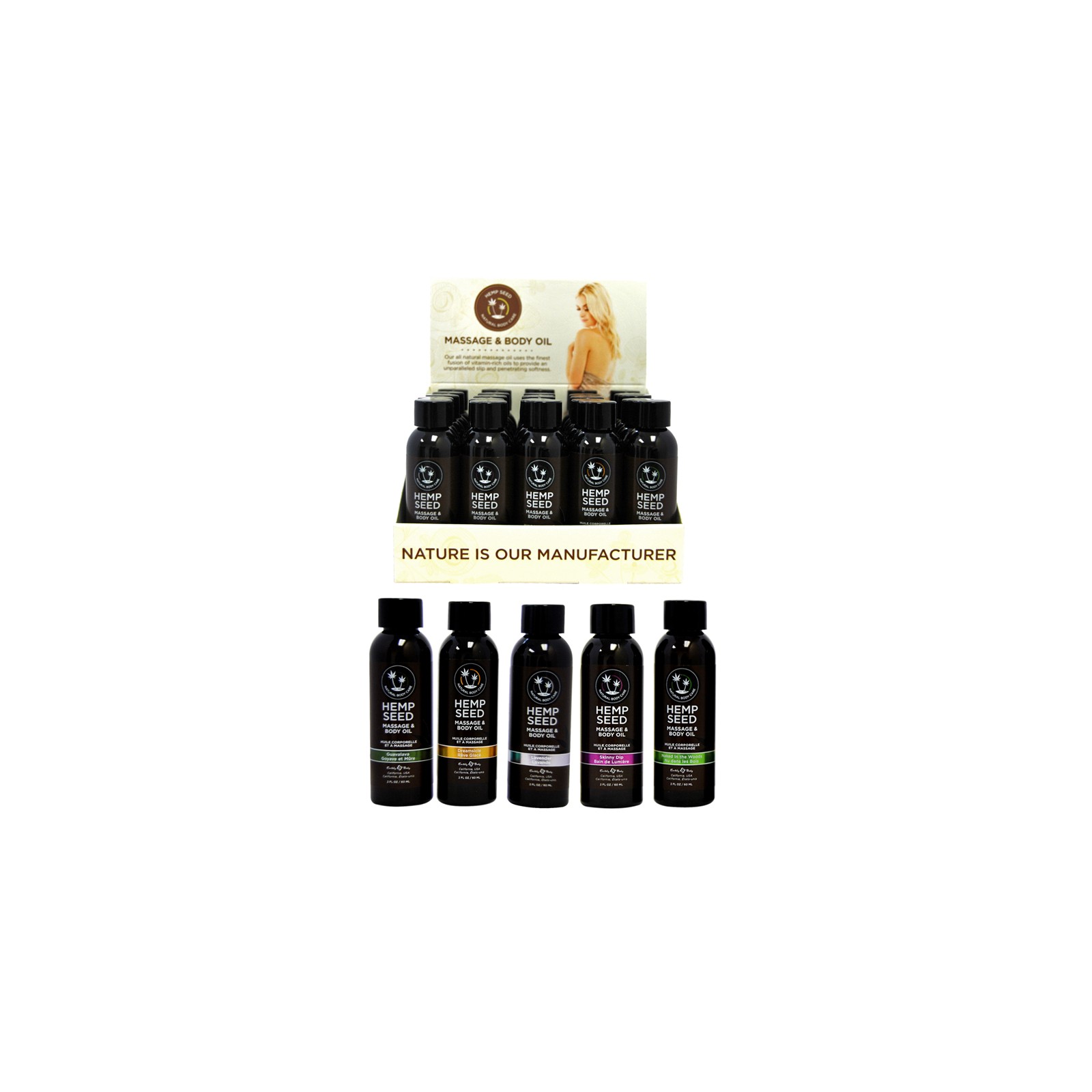 Earthly Body Massage Oil Display for Sensual Experience