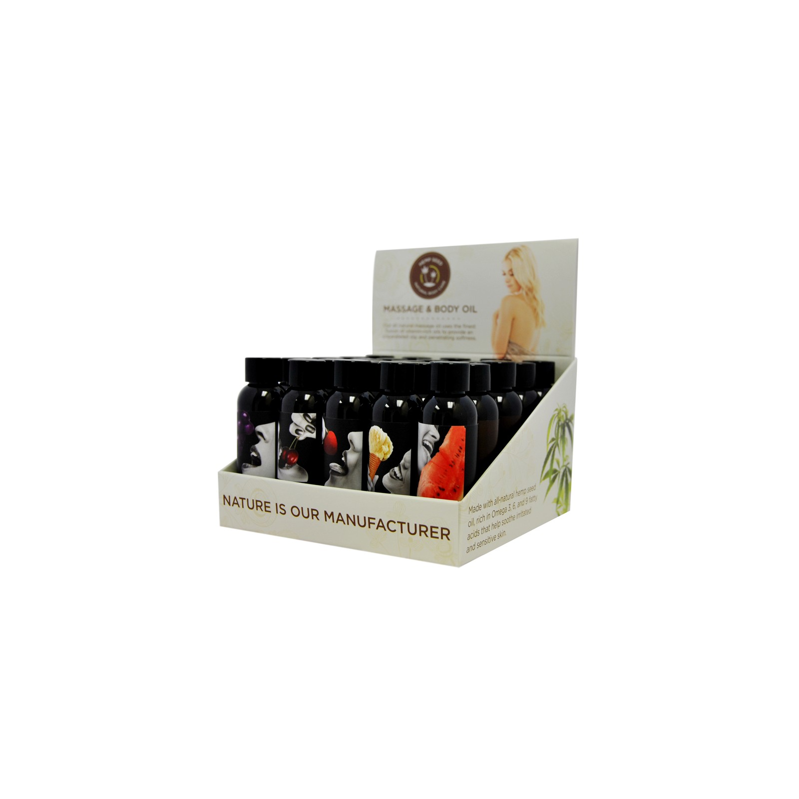 Earthly Body Edible Massage Oil Display for Sensual Care