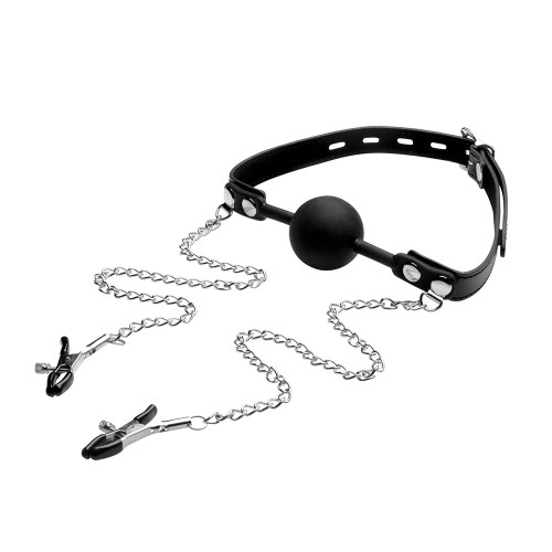 Strict Silicone Ball Gag with Nipple Clamps for BDSM Fun