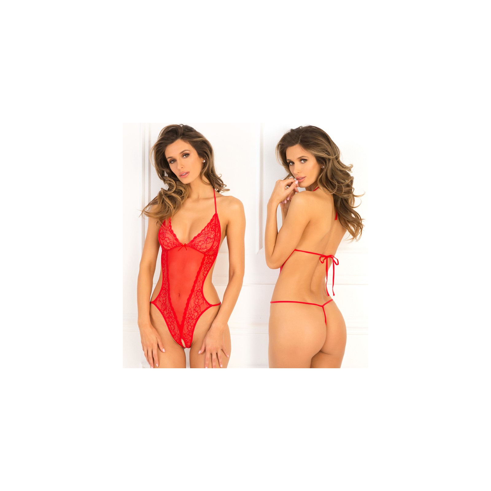 Rene Rofe Crotchless Lace & Mesh Teddy Red S/M