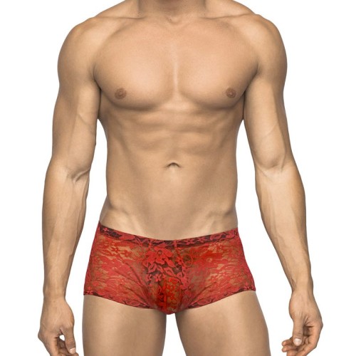 Male Power Stretch Lace Mini Shorts in Red for Elegant Seduction