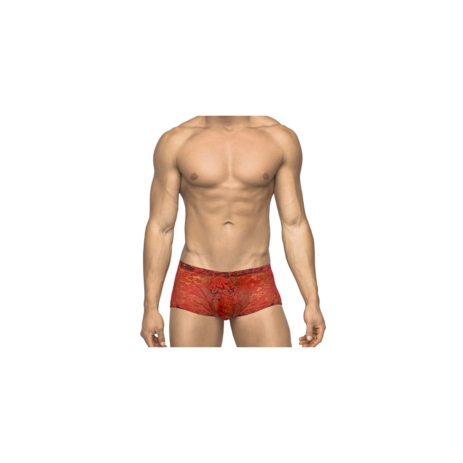 Male Power Stretch Lace Mini Short Red M