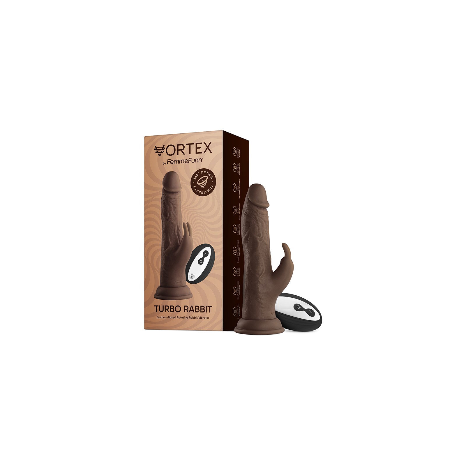 FemmeFunn Vortex Turbo Rabbit 2.0 8 in. Dual Stimulation Vibrating Dildo Brown