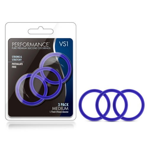 Performance VS1 Pure Premium Silicone Cockrings 3-Pack Medium Indigo - Enhance Stamina