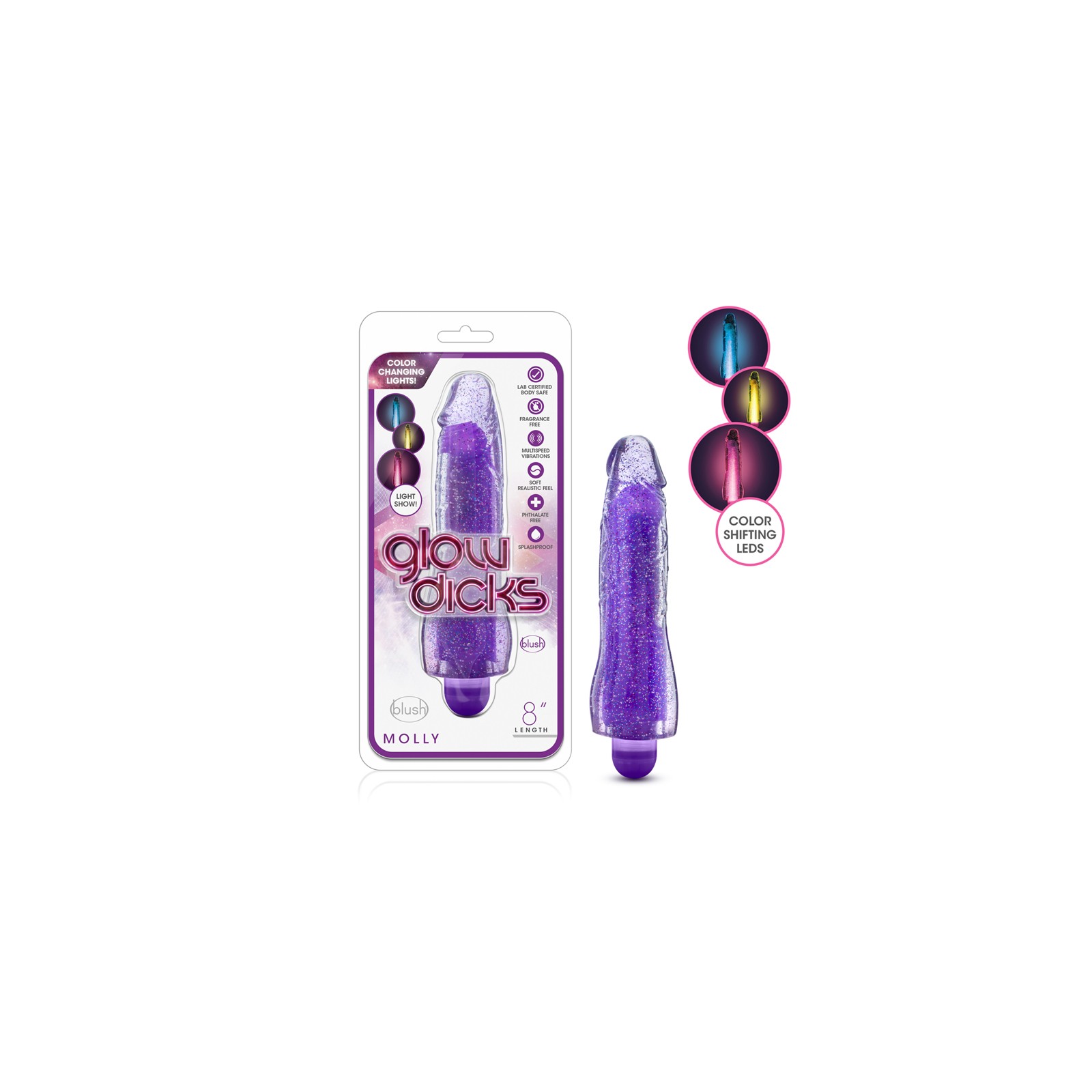 Glow Dicks Molly Color Changing Vibrating Dildo - 8 in. Purple