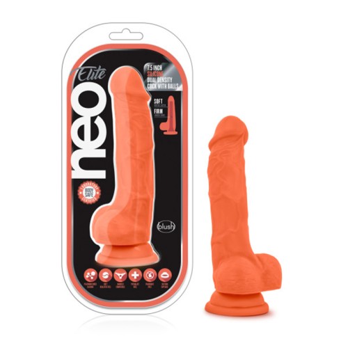 Dildo de Silicona Dual Density 7.5 in. con Bolas Neo Elite Naranja Neón