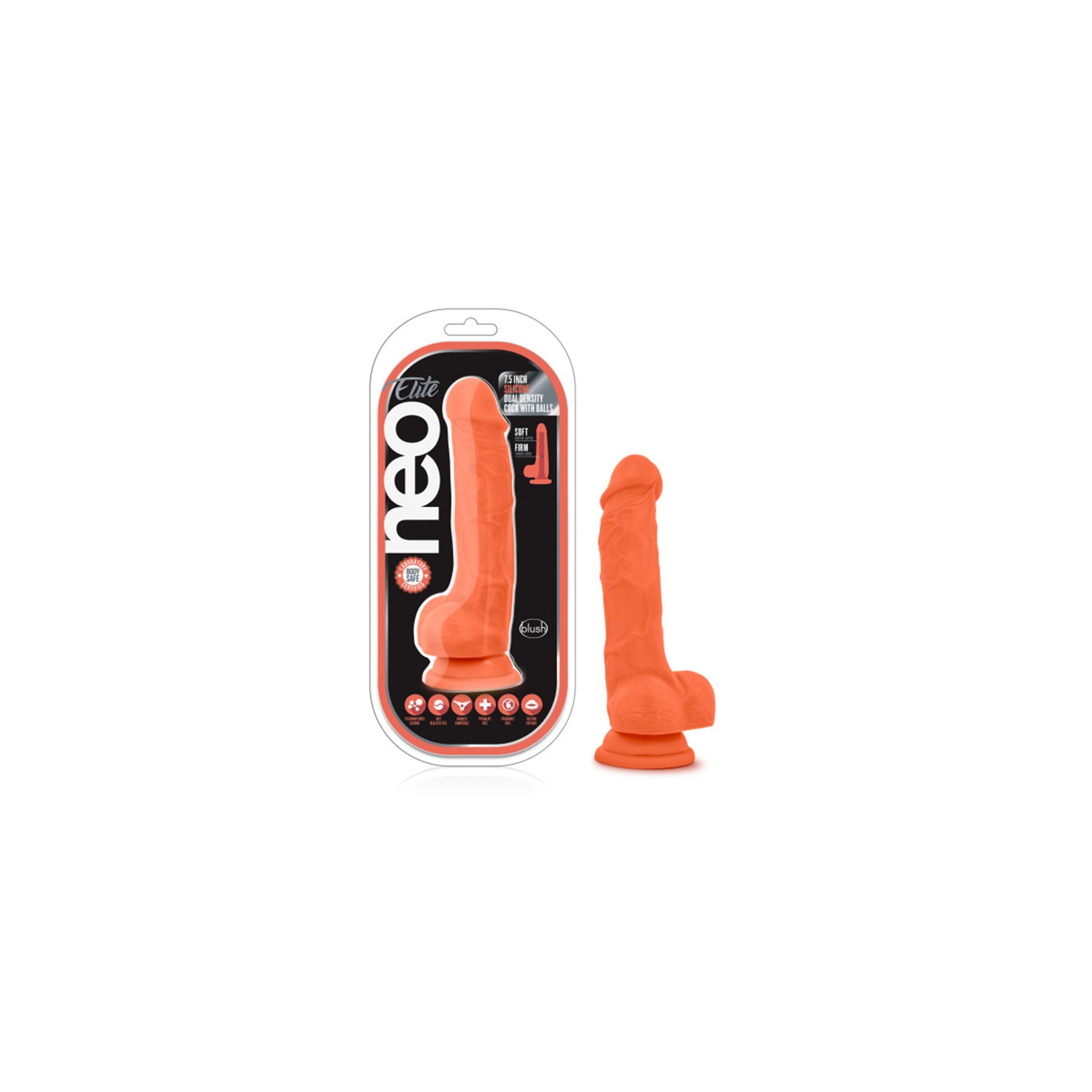 Dildo de Silicona Dual Density 7.5 in. con Bolas Neo Elite Naranja Neón