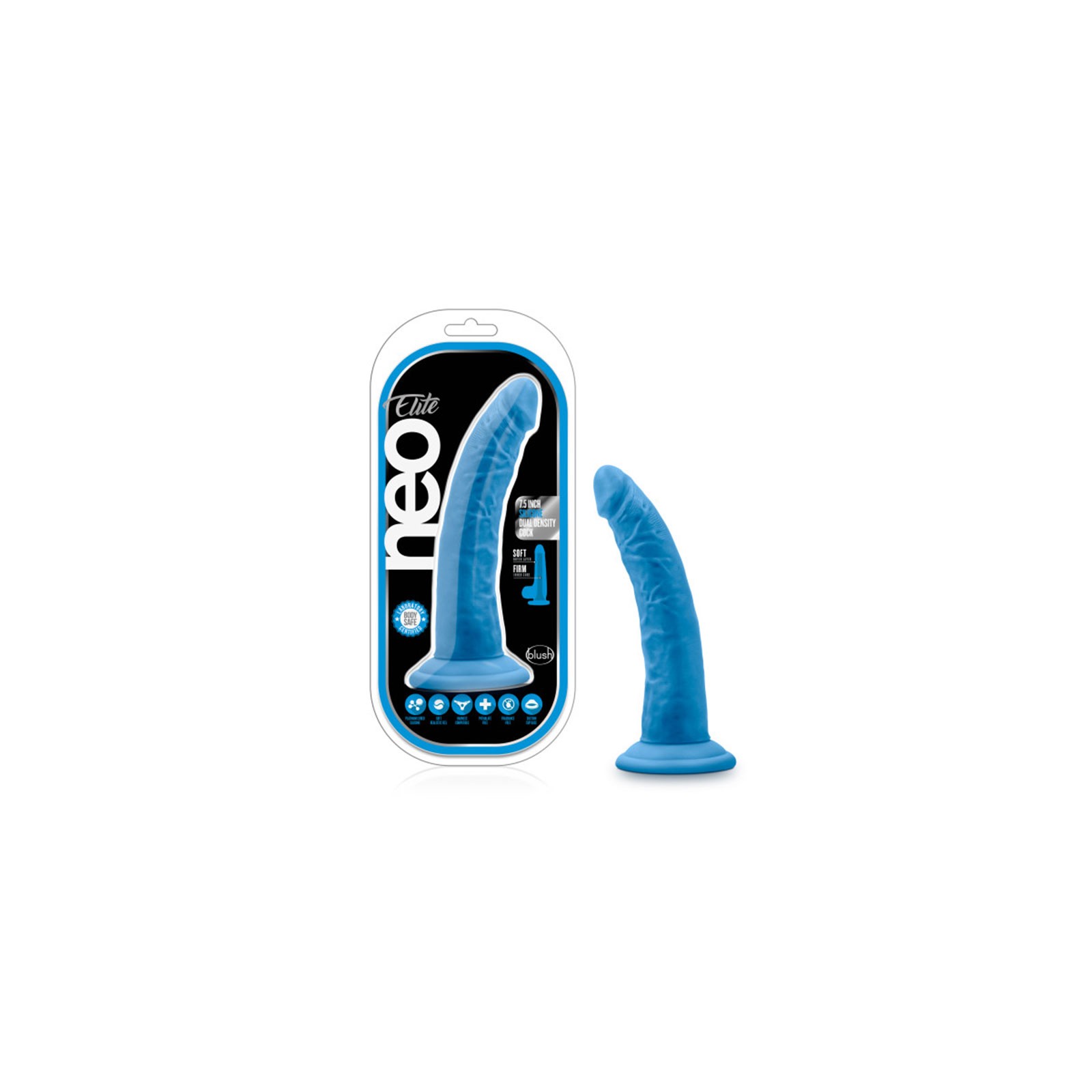 Dildo de Silicona Dual Densidad Neo Elite 7.5 in. Azul Neón