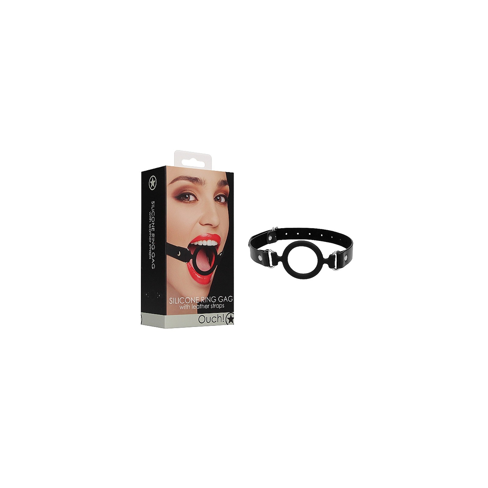 Ouch! Adjustable Silicone Ring Gag with Leather Straps Black