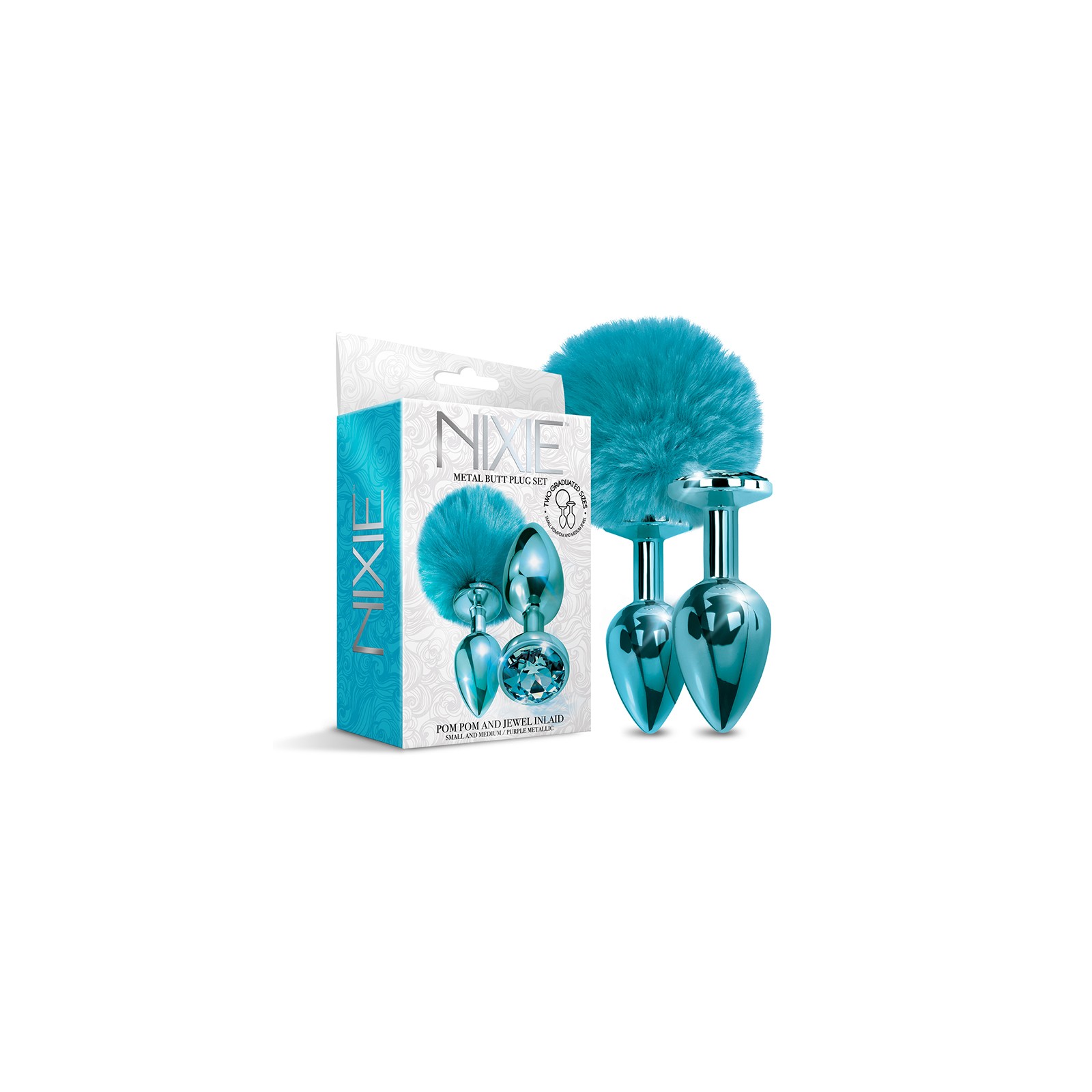 NIXIE Metal Butt Plug Set Pom Pom and Jewel-Inlaid Metallic Blue