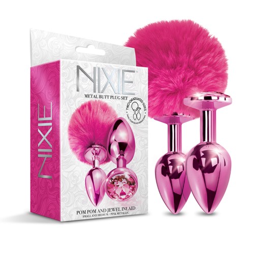 NIXIE Metal Butt Plug Set Pom Pom Jewel Pink