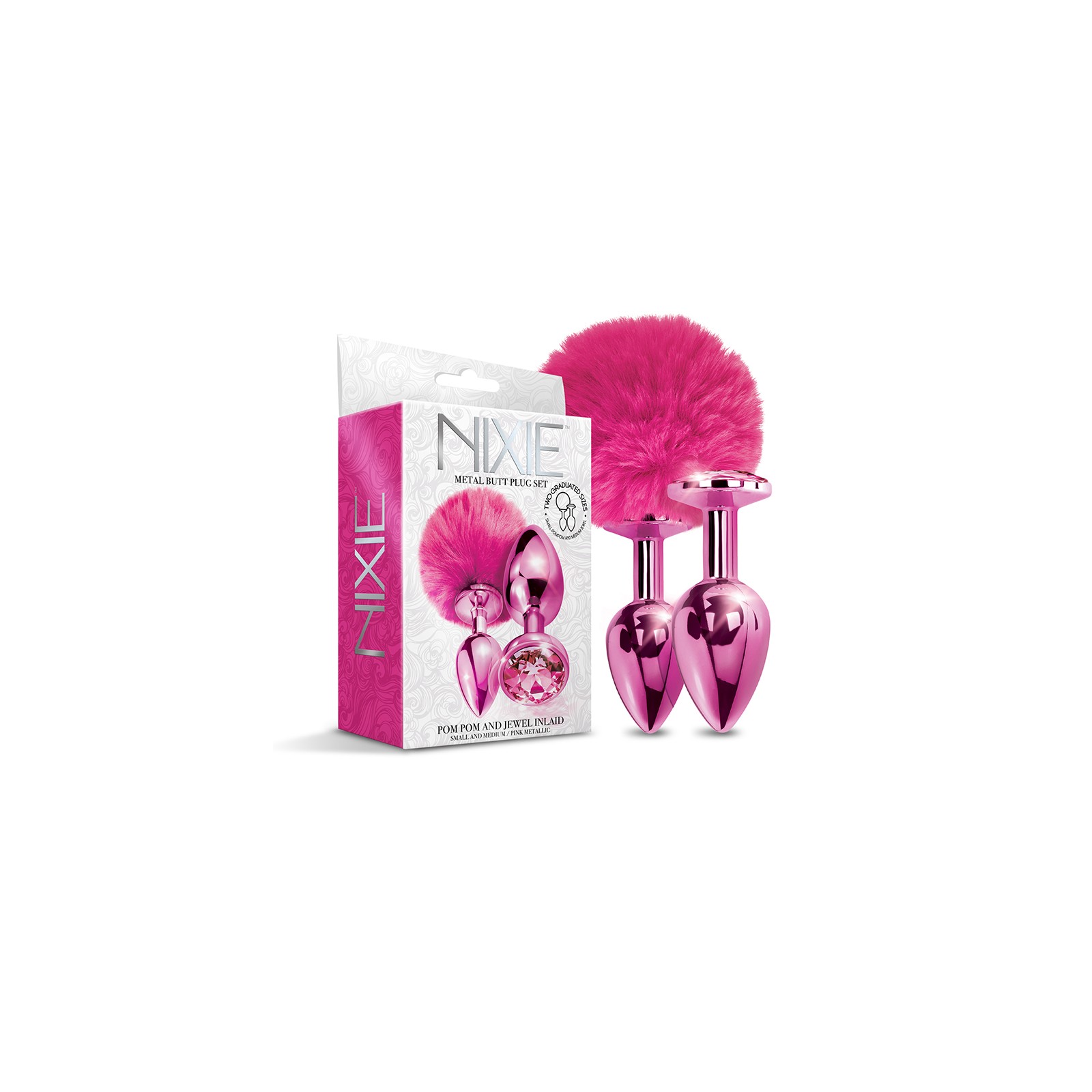 NIXIE Metal Butt Plug Set Pom Pom Jewel Pink