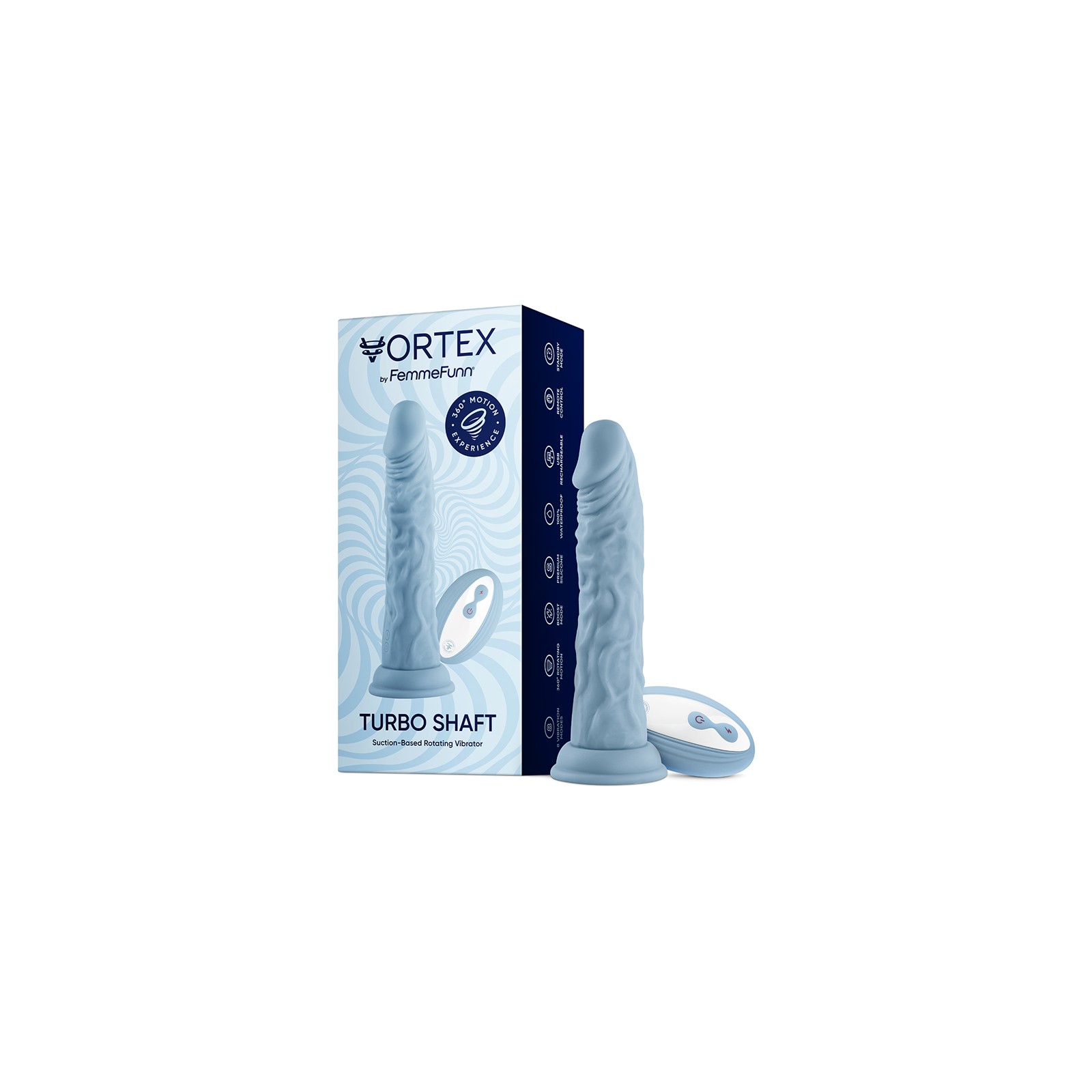 FemmeFunn Vortex Turbo Shaft 2.0 Dildo Vibrador 8 in. - Azul Claro