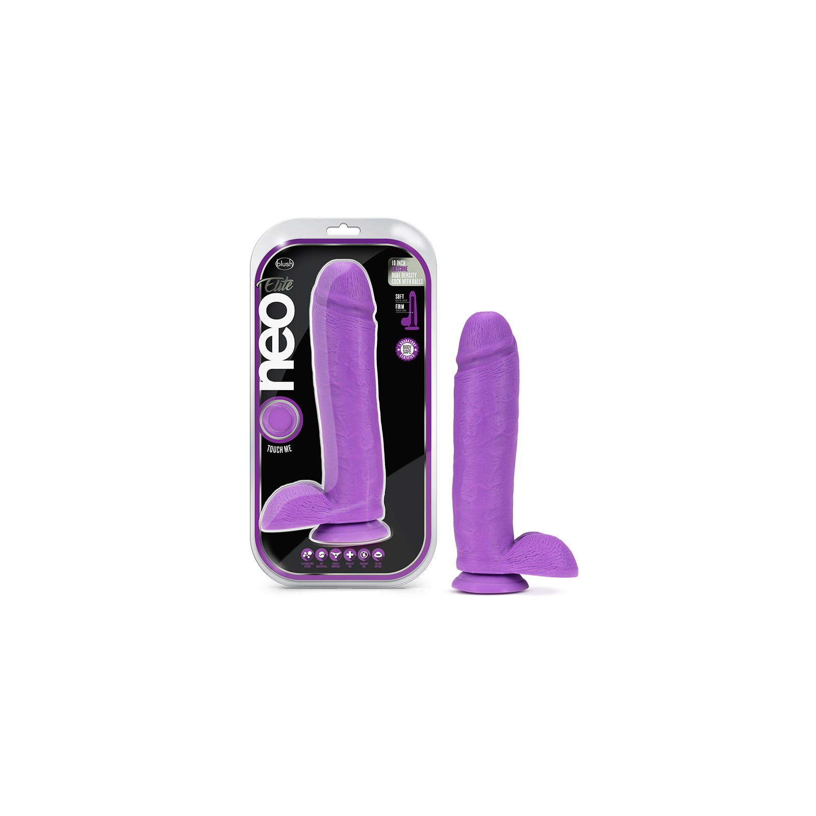 Neo Elite Dildo de Silicona Dual Densidad de 10 in. con Bolas y Succión Púrpura Neón