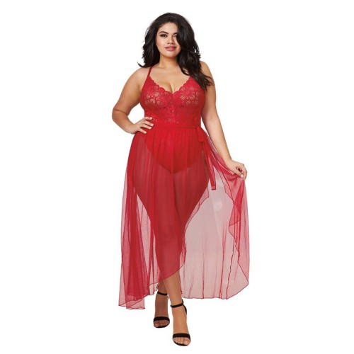 Dreamgirl Teddy y Falda Maxi de Malla Transparente con G-String Rouge Queen 2X