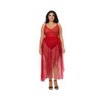 Dreamgirl Teddy & Sheer Mesh Maxi Skirt with G-String Rouge Queen 2X