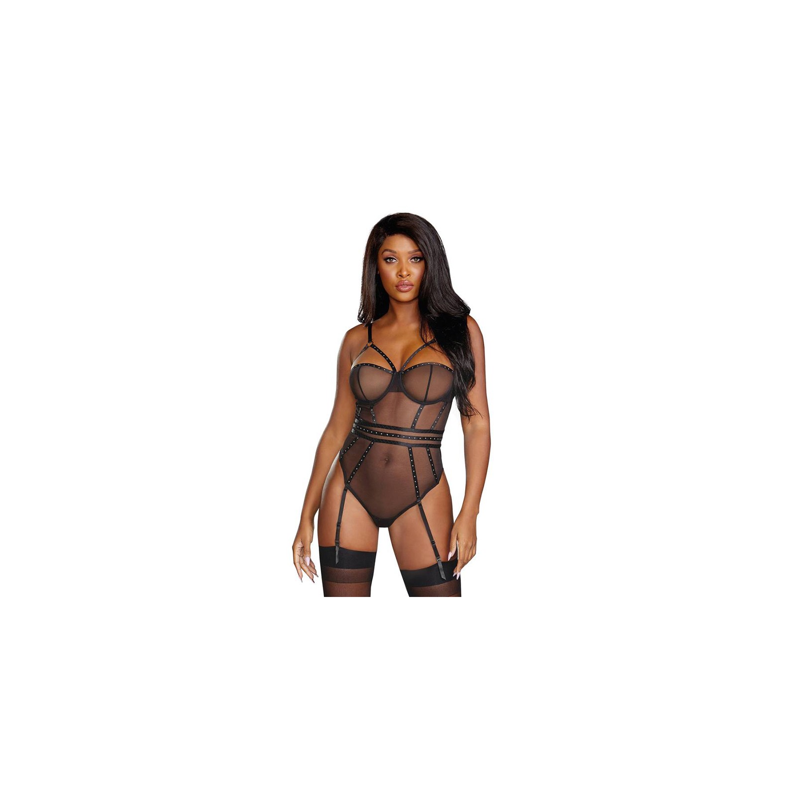 Sheer Stretch Mesh Snap Crotch Teddy With Removable Garters Black