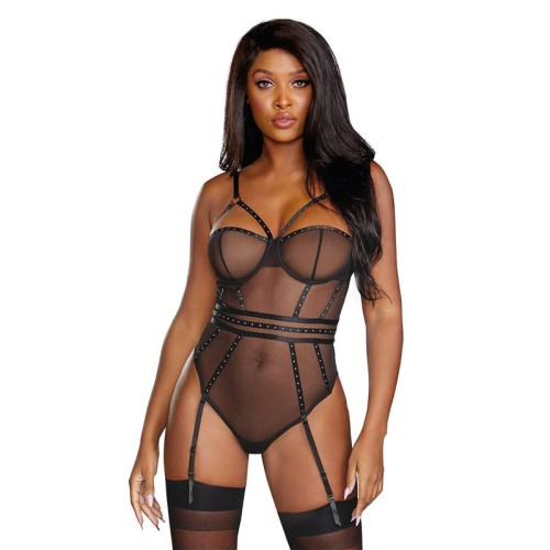 Dreamgirl Sheer Stretch Mesh Snap Crotch Teddy Black