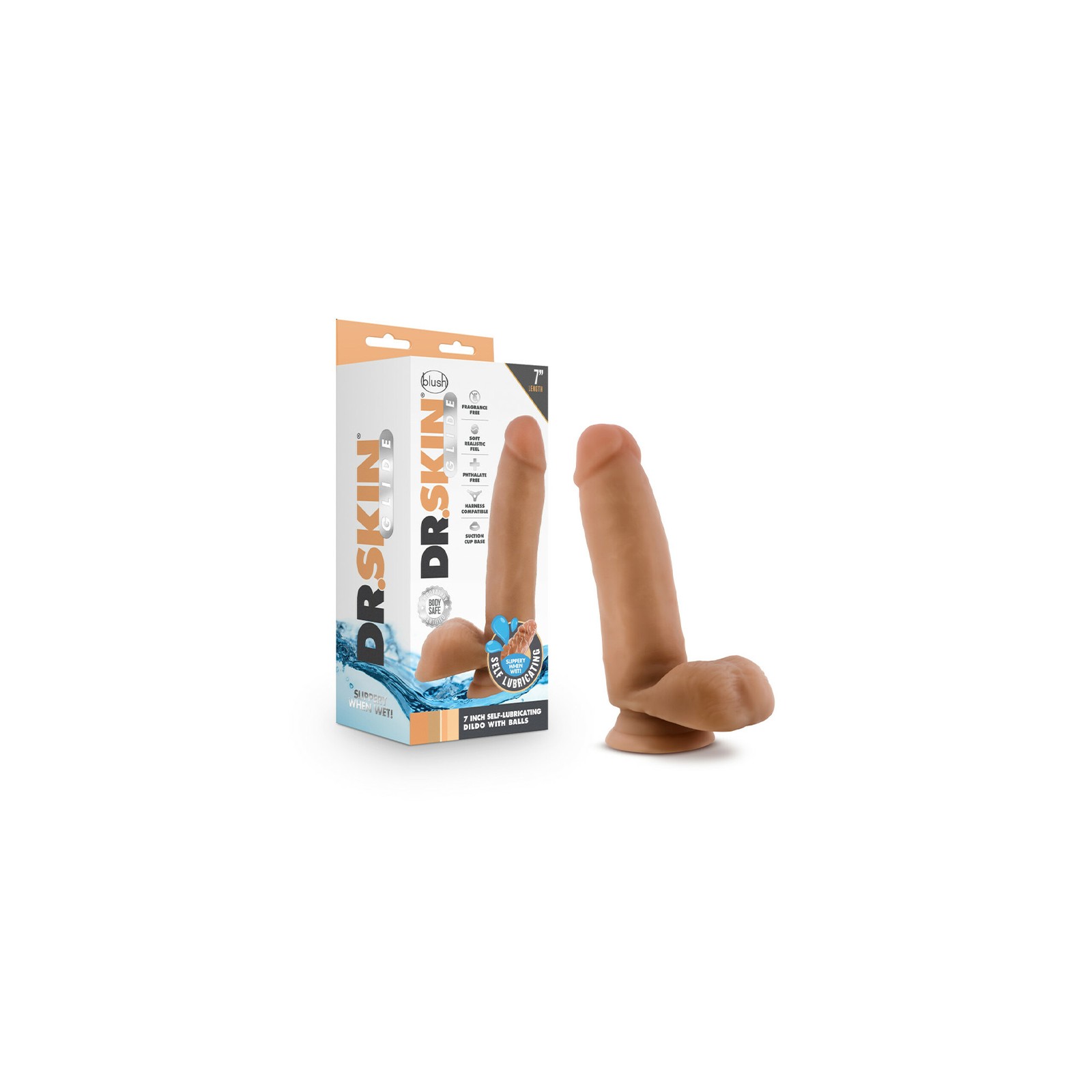 Dildo Realista de 7 in. Dr. Skin Glide Autolubricante con Bolas Beige