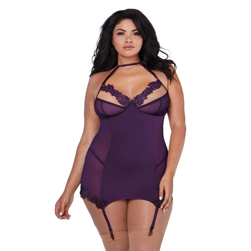 Dreamgirl Microfiber and Mesh Garter Slip with Bra - Plum Queen