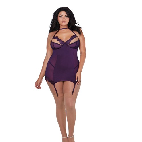 Dreamgirl Microfiber and Mesh Garter Slip with Bra - Plum Queen