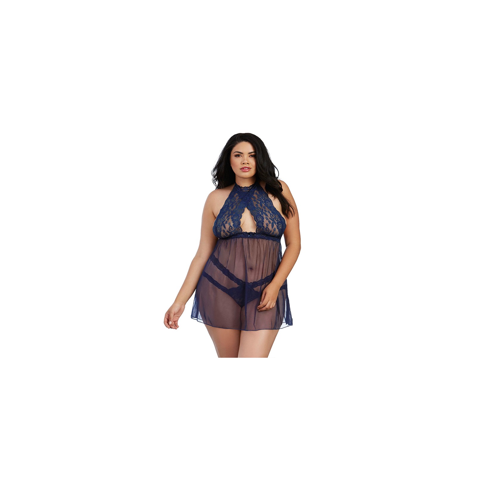 Babydoll de Encaje y Malla Dreamgirl con Cuello Alto