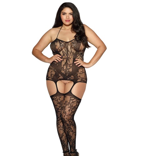 Dreamgirl Lace Fishnet Dress with Garter Black Queen