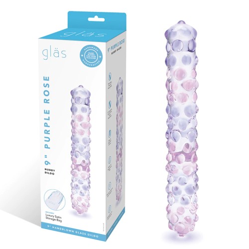 Dildo de Vidrio con Rosa Purpura Nubby de 9in