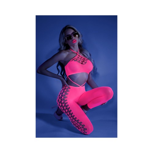 Fantasy Lingerie Bodystocking Halter Corte Cut-Out Neon Pink O/S