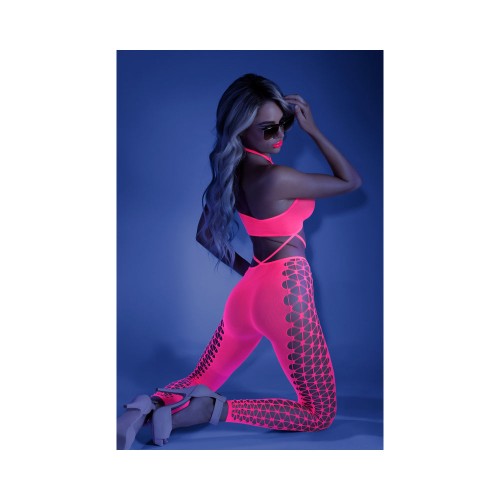 Fantasy Lingerie Glow Halter Bodystocking Neon Pink O/S