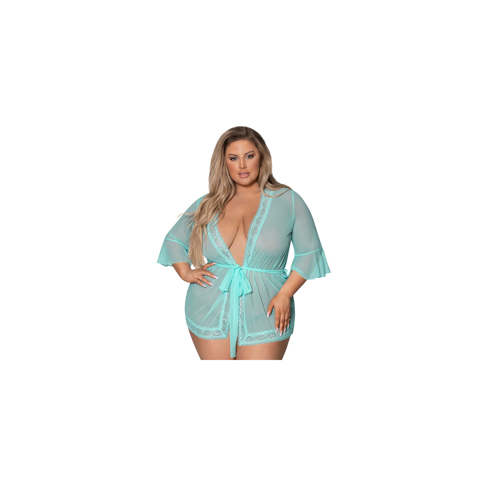 Magic Silk Seabreeze Lace Trim Robe Turquoise