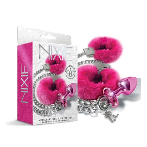 Nixie Pink Metal Butt Plug and Furry Cuffs Set