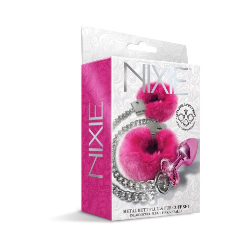 Nixie Pink Metal Butt Plug and Furry Cuffs Set