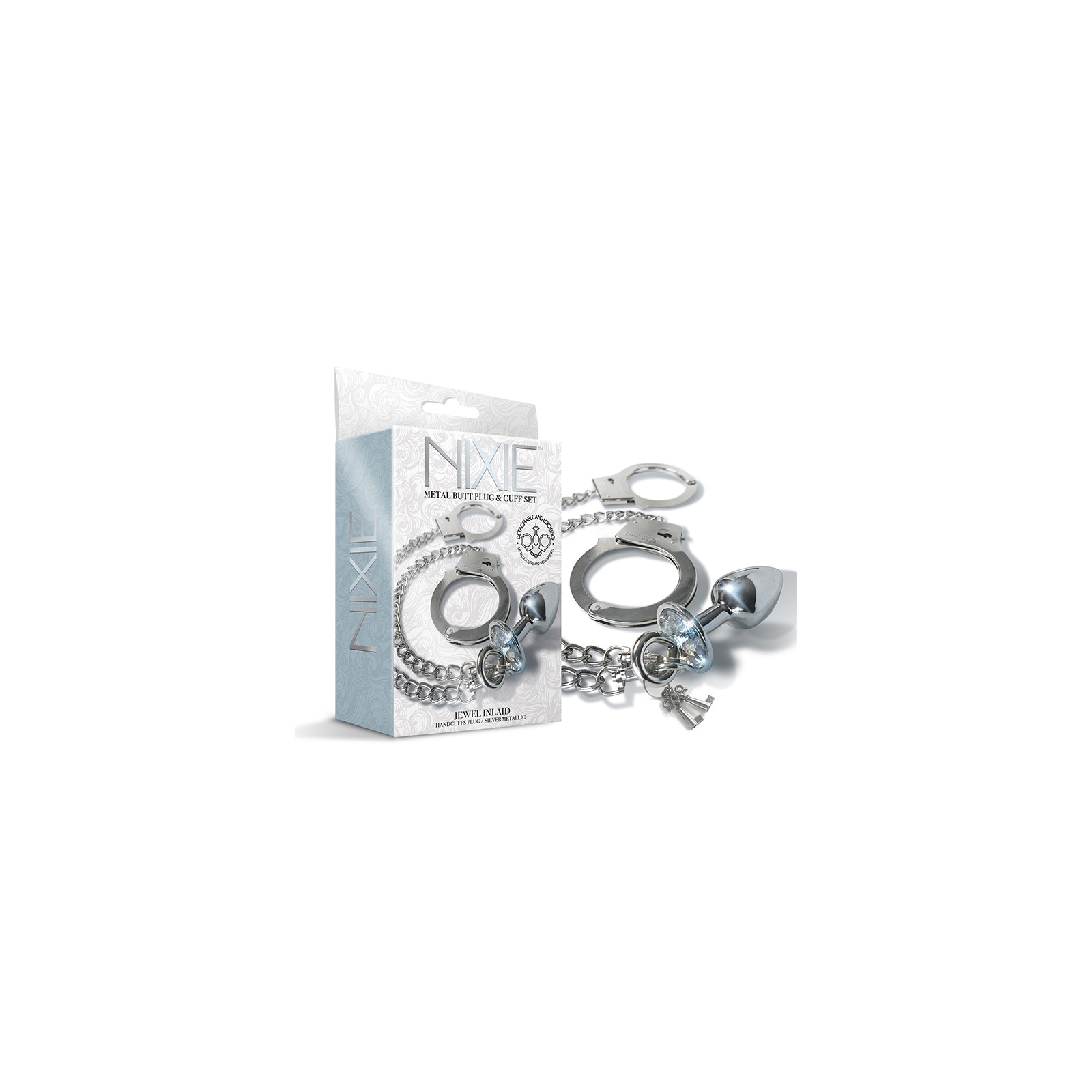 Nixie Metal Butt Plug & Handcuffs Set Silver