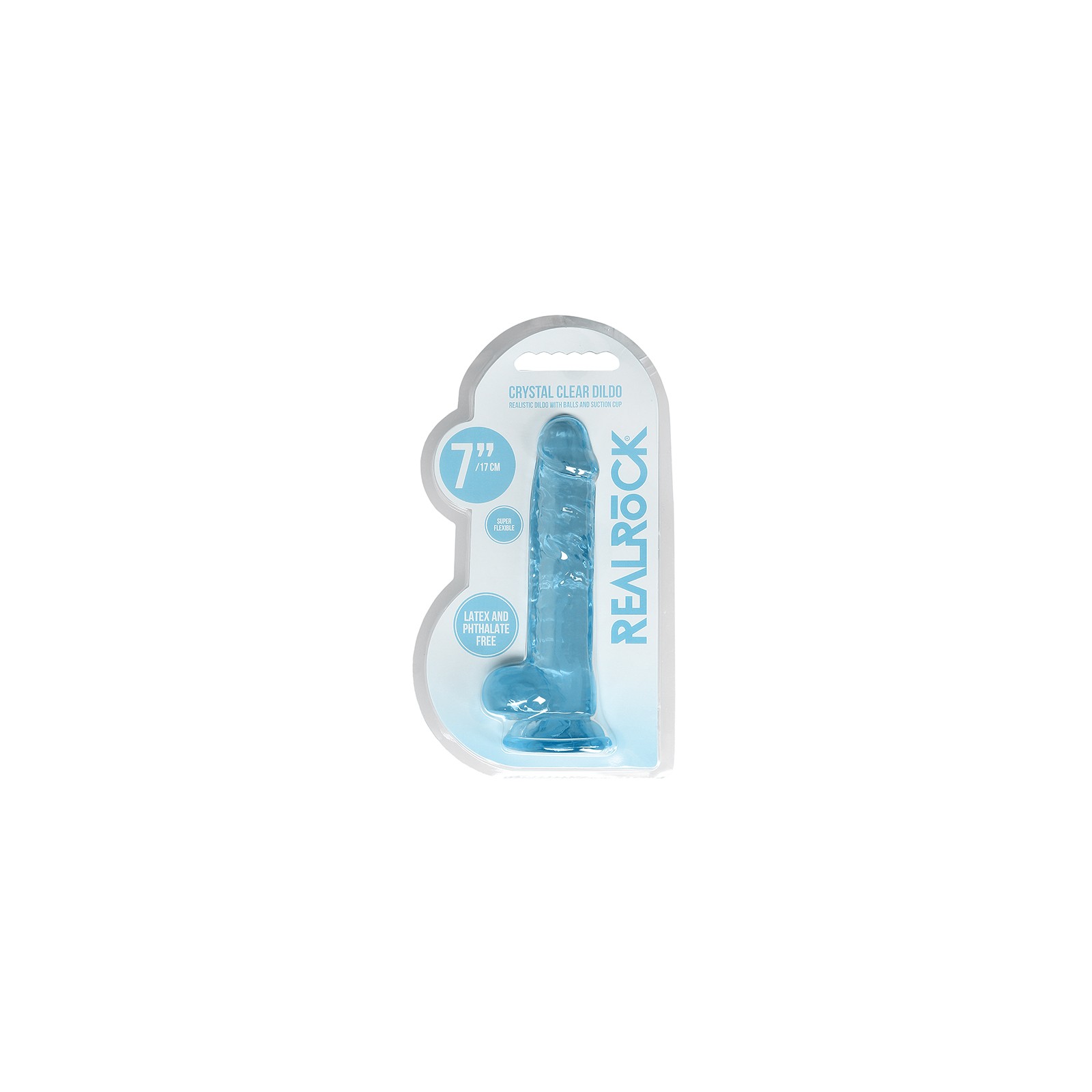 RealRock Crystal Clear 7 in Dildo With Balls and Suction Cup Blue