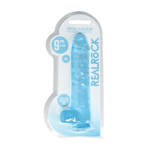 Dildo Realista de 9 in. Cristal Claro con Testículos y Ventosa Azul