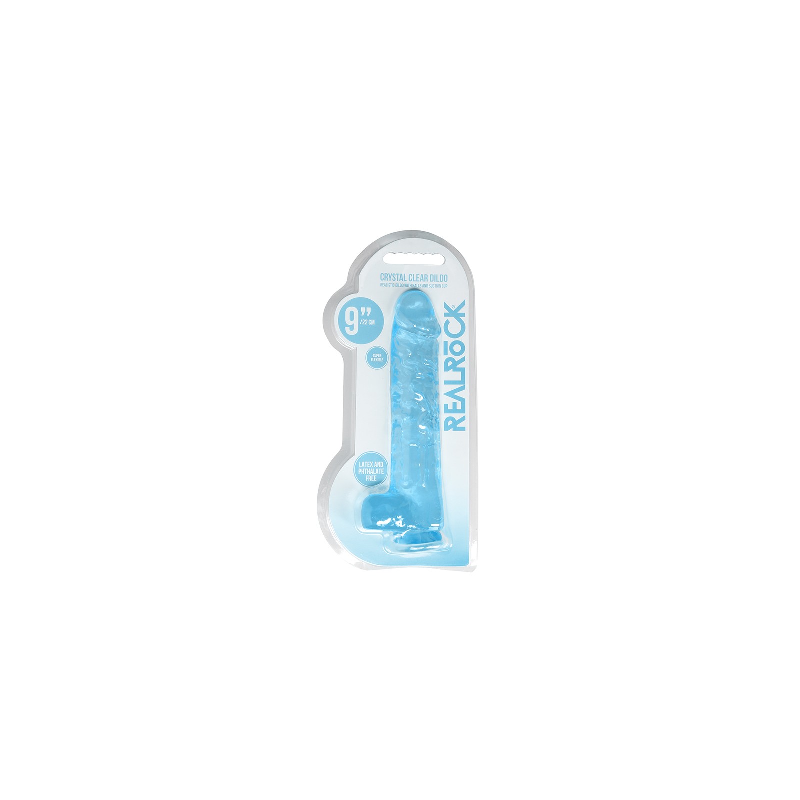 RealRock Crystal Clear 9 in. Dildo With Balls and Suction Cup Blue