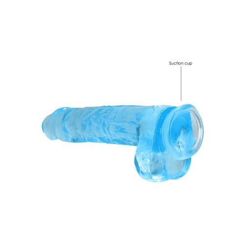 Dildo Realista de 9 in. Cristal Claro con Testículos y Ventosa Azul