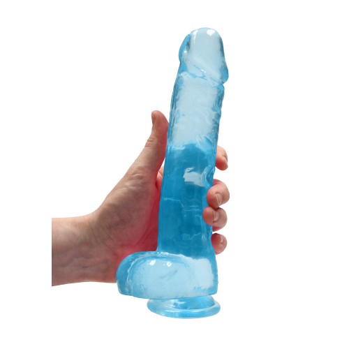 Dildo Realista de 9 in. Cristal Claro con Testículos y Ventosa Azul