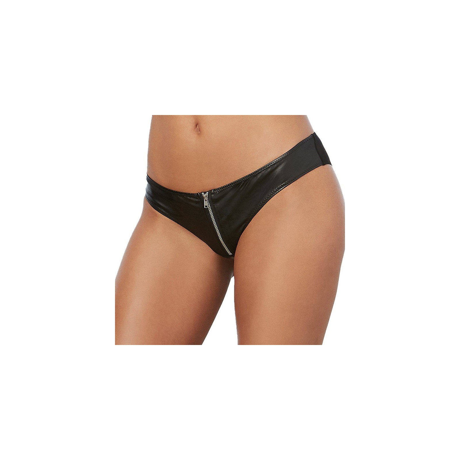 Dreamgirl Faux-Leather Cheeky Panty with Front Zipper Black