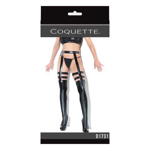 Coquette Thigh-High Wetlook Stockings with Garters Black Queen Size