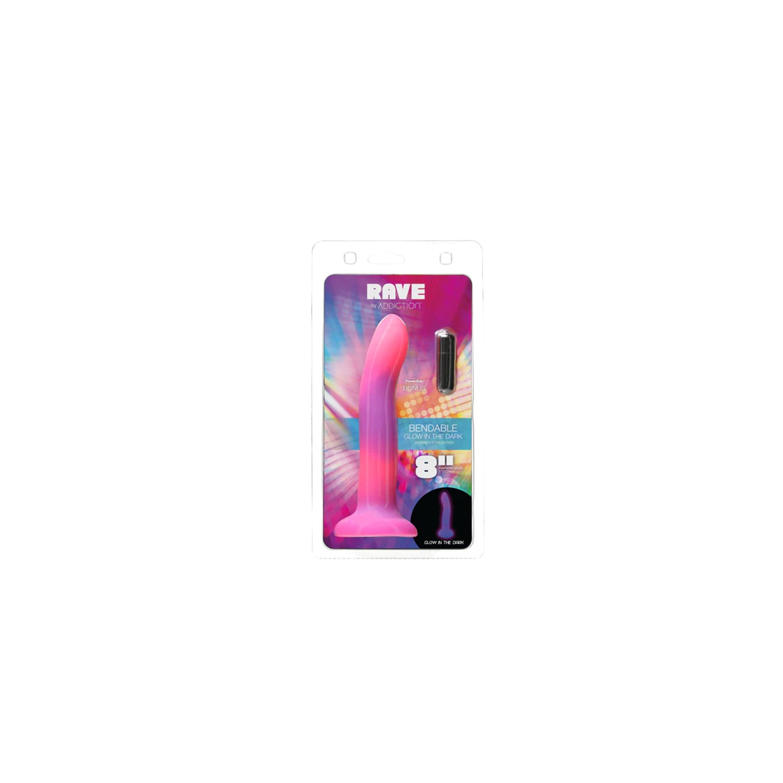 Dildo Silicona Bendable Adicción Rave 8 in. Brilla en la Oscuridad