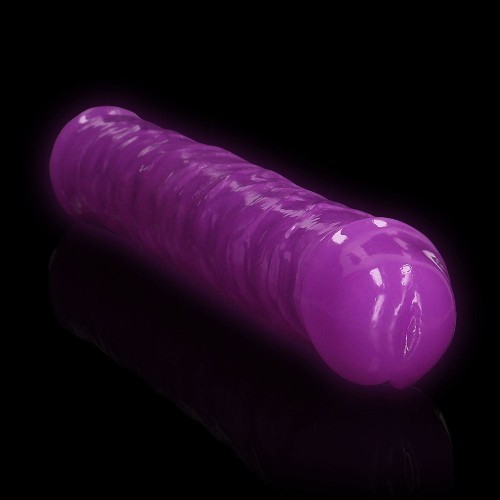 Dildo Doble RealRock Púrpura que Brilla en la Oscuridad