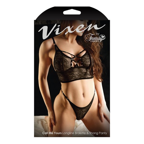 Vixen Call Me Yours Longline Bralette With Grommets & Thong Panty Black L/XL