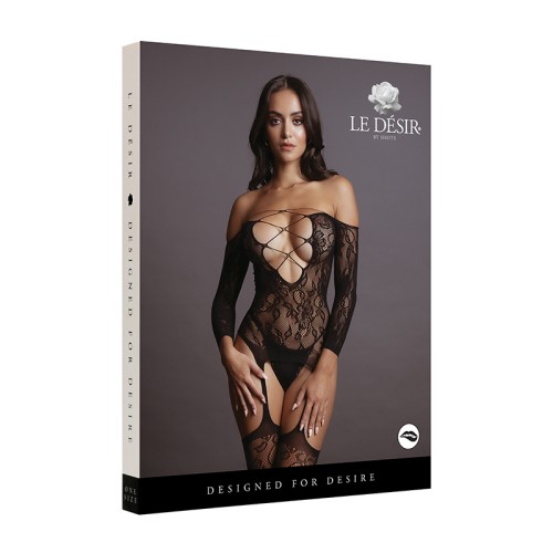 Le Desir Deep-V Criss-Cross Bodystocking Black