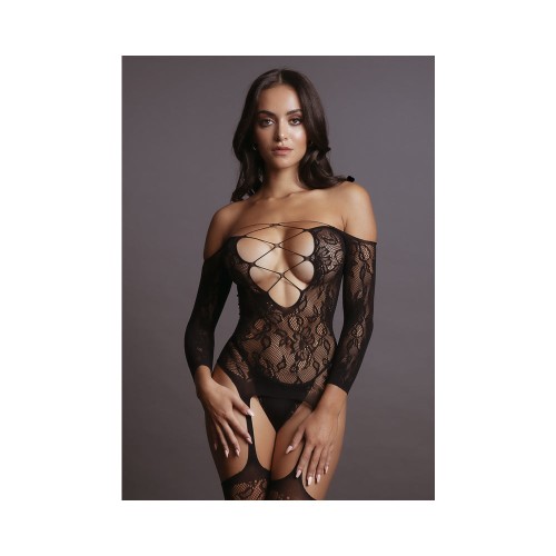 Le Desir Deep-V Criss-Cross Bodystocking Black