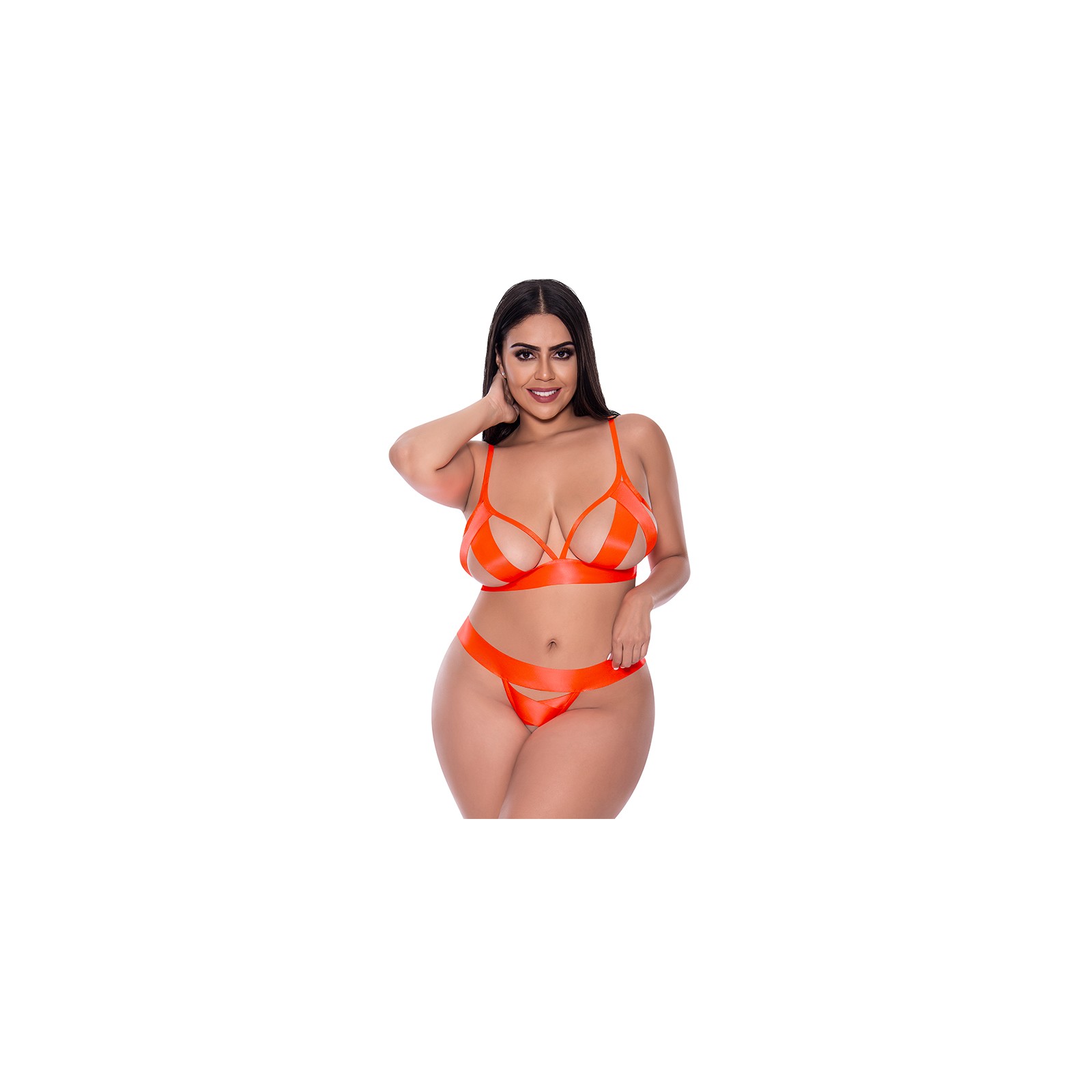 Magic Silk Strap Tease Bra & Crotchless Panty Set Orange