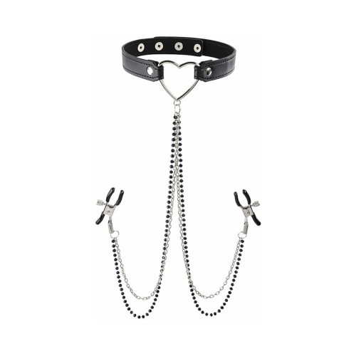 Amor Adjustable Collar with Nipple Clamps for BDSM Play