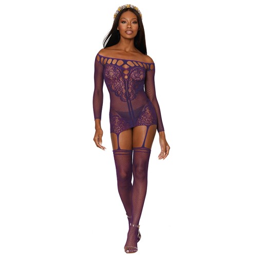 Dreamgirl Fishnet Lace Garter Dress with Stockings Aubergine O/S